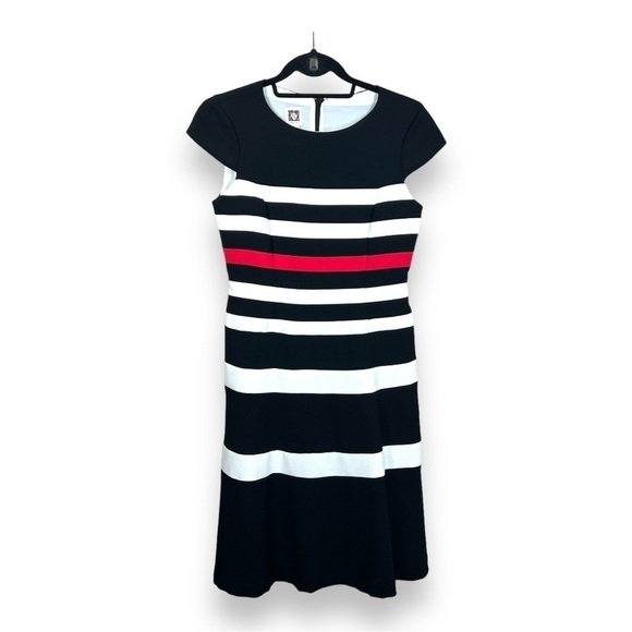 SIZE 2 ANNE KLEIN BLACK RED WHITE STRIPED DRESS EVENT PARTY STRIPES COLORBLOCK - Picture 1 of 9